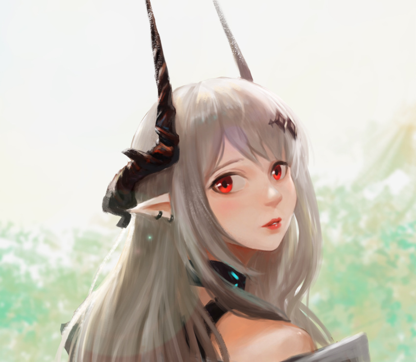 1girl, ahong, arknights, bangs, bare_shoulders, black_choker, choker, commentary, highres, horns, long_hair, looking_at_viewer, mudrock_(arknights), parted_lips, pointy_ears, portrait, red_eyes, red_lips, silver_hair, solo