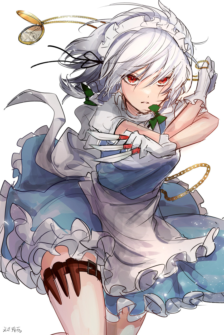 1girl, absurdres, apron, arms_up, back_bow, between_fingers, black_ribbon, blue_dress