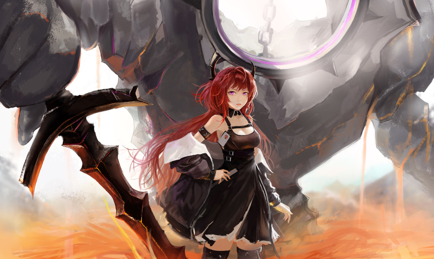 1girl, absurdres, ahong, arknights, armband, bangs, black_dress, black_legwear