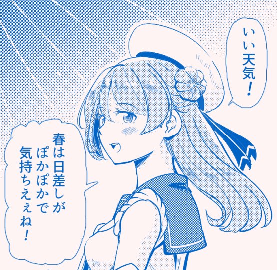 1girl, blue_theme, double_bun, hat, kantai_collection, looking_at_viewer, monochrome, sailor_hat