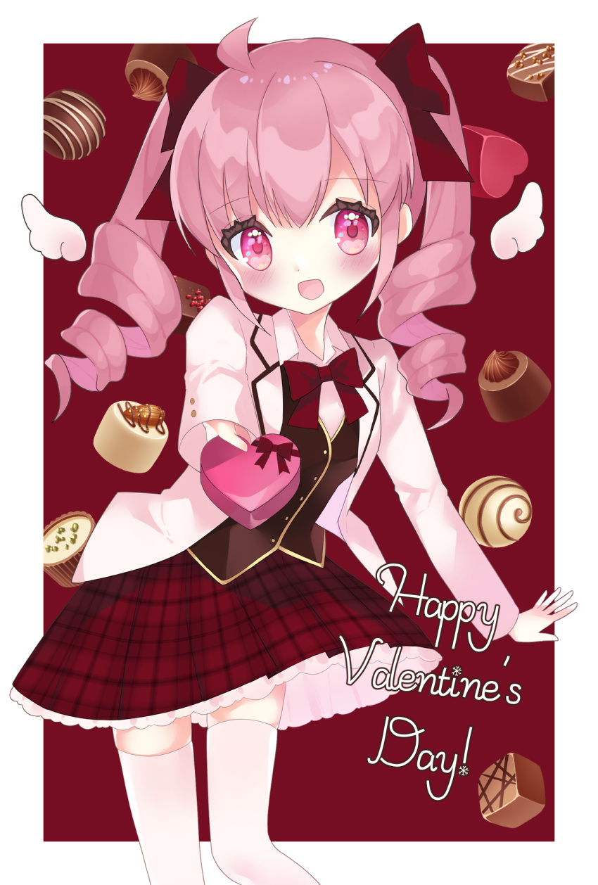 1girl, border, bow, bowtie, brown_background, checkered, checkered_skirt, chocolate, drill_hair, english_text, eyebrows_visible_through_hair, gift, hairband, highres, holding, holding_gift, looking_at_viewer, open_mouth, original, otogino_aria_(artist), otogino_aria_(vtuber), pink_eyes, pink_hair, red_hairband, red_neckwear, red_skirt, shirt, simple_background, skirt, standing, tail, thigh-highs, twin_drills, twintails, valentine, virtual_youtuber, white_border, white_legwear, white_shirt