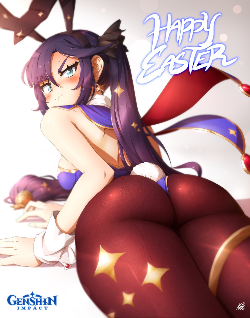 1girl, animal_ears, aqua_eyes, ass, asymmetrical_bangs, bangs, bare_arms, bare_shoulders