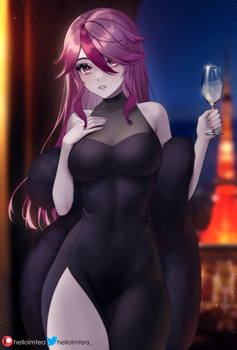 1girl, alcohol, alternate_costume, alternate_hair_length, alternate_hairstyle, artist_name, backlighting, bare_shoulders, black_dress, blurry, blurry_background, blush, breasts, collarbone, covered_navel, cowboy_shot, cup, depth_of_field, dress, drinking_glass, evening_gown, fur_shawl, genshin_impact, grey_lips, hair_between_eyes, hand_on_own_chest, helloimtea, highres, holding, holding_cup, large_breasts, long_hair, multicolored_hair, night, parted_lips, patreon_logo, patreon_username, pelvic_curtain, purple_hair, rosaria_(genshin_impact), shawl, sleeveless, sleeveless_dress, smile, solo, streaked_hair, twitter_logo, twitter_username, violet_eyes