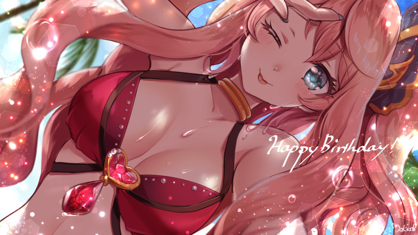 1girl, ;p, bikini, bikini_top, blue_eyes, blush, breasts, choker