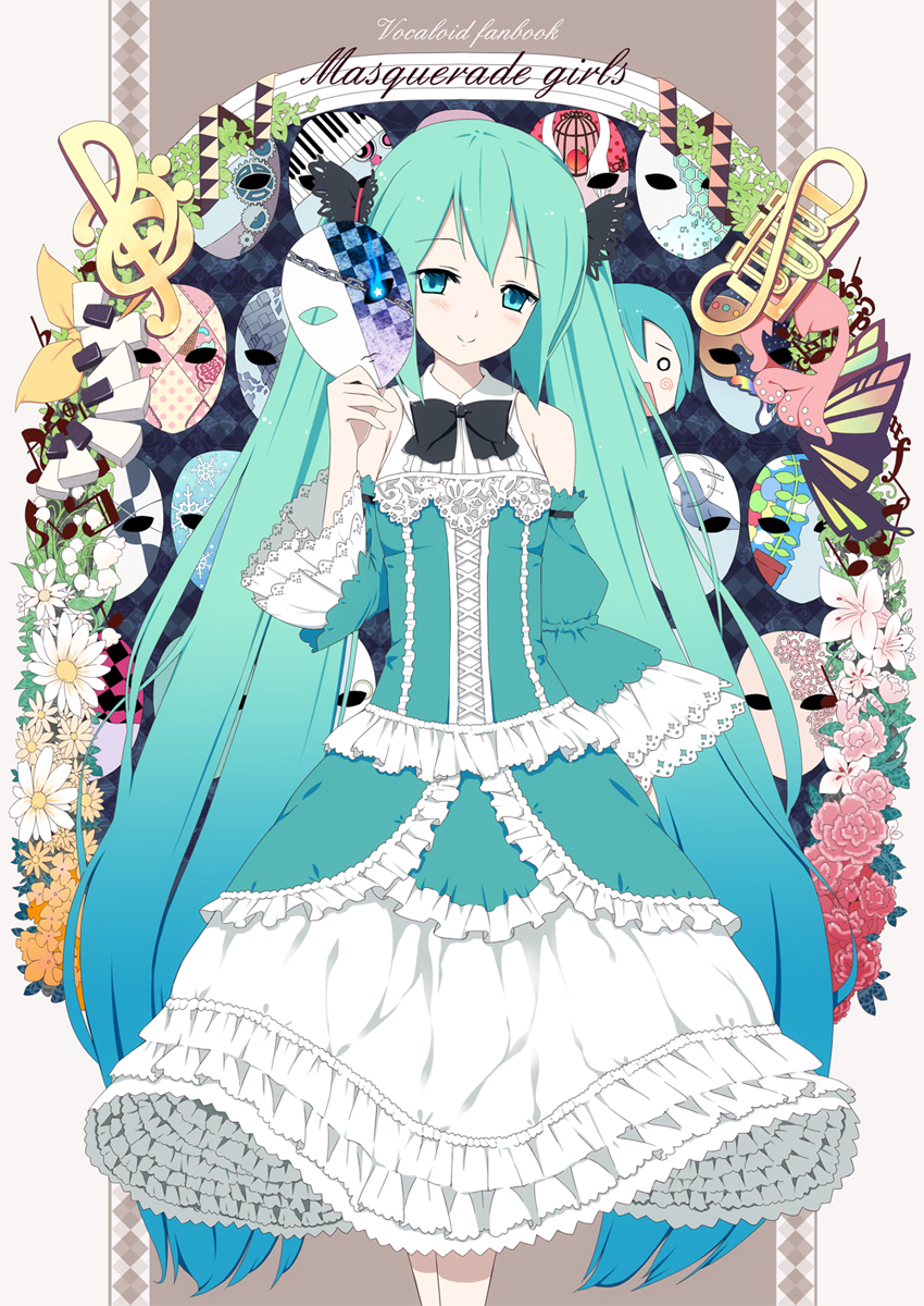 annotated, aqua_eyes, aqua_hair, black_rock_shooter, blush, cameo, clock_lock_works_(vocaloid), dress