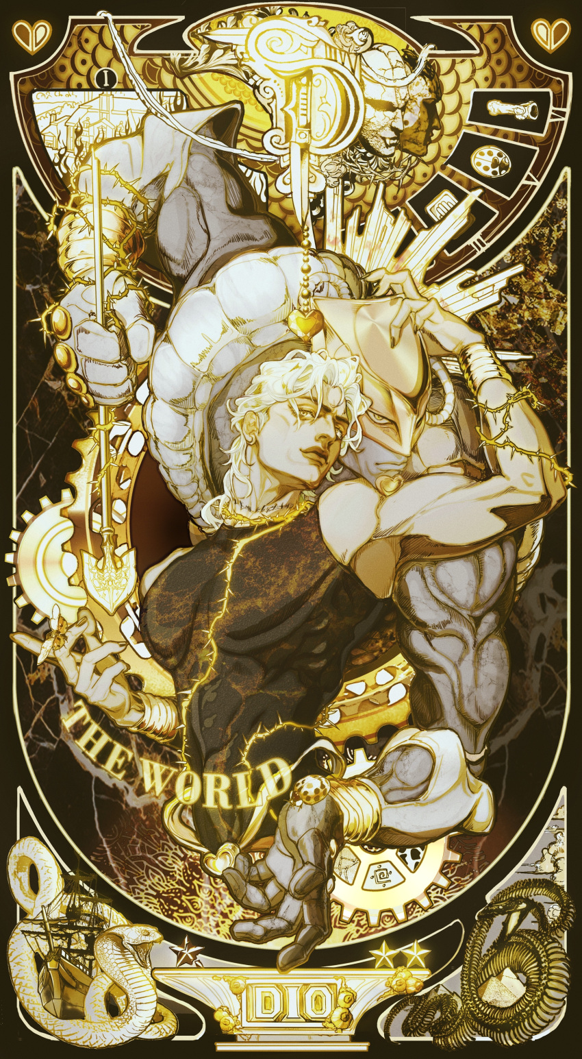2boys, absurdres, animal, animal_on_hand, arm_up, armpits, arrow_(jojo), arrow_(projectile)