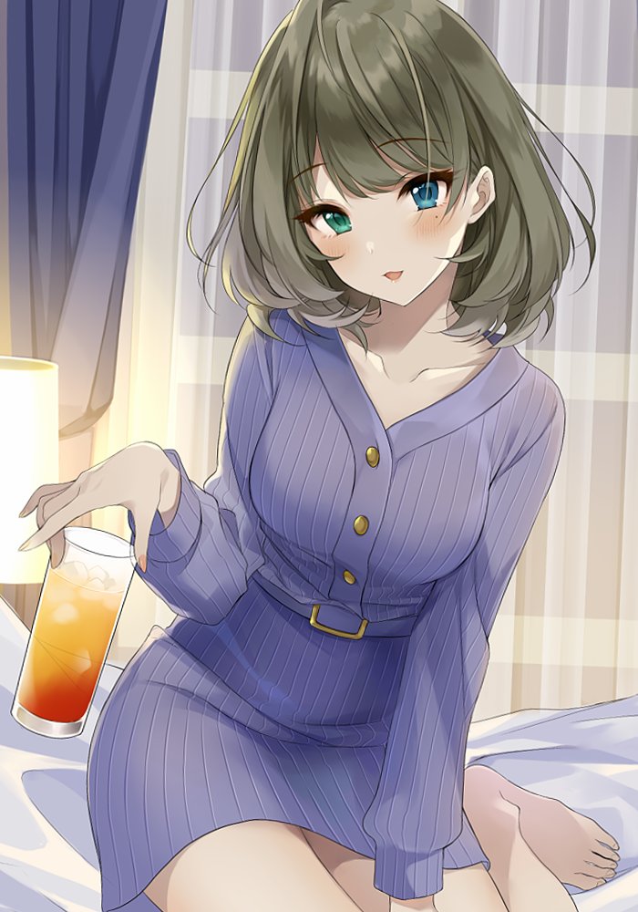 1girl, :3, :d, bangs, barefoot, bedroom, belt, blue_dress, blue_eyes, blush, breasts, collarbone, cup, curtains, dress, drink, eyebrows_visible_through_hair, green_eyes, green_hair, heterochromia, holding, holding_cup, ice, ice_cube, idolmaster, idolmaster_cinderella_girls, lamp, long_sleeves, looking_at_viewer, medium_breasts, medium_hair, nail_polish, on_bed, open_mouth, q-v_(levia), ribbed_dress, see-through, sitting, sitting_on_bed, smile, solo, takagaki_kaede, window, yokozuwari