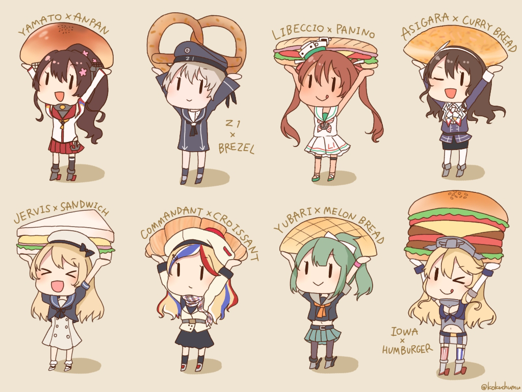 6+girls, american_flag_legwear, anchor, anpan, ashigara_(kancolle), bangs, beret, black_skirt