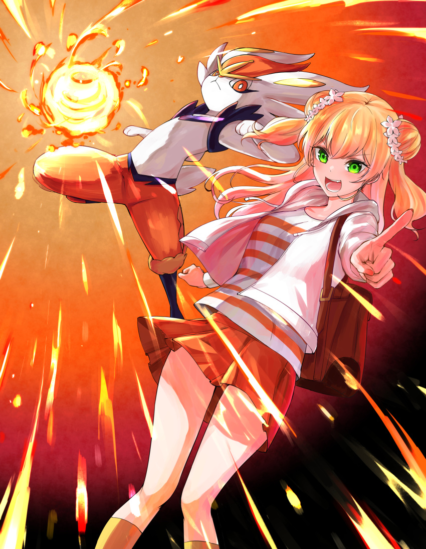 1girl, bag, blonde_hair, breasts, cinderace, commentary, cowboy_shot, double_bun