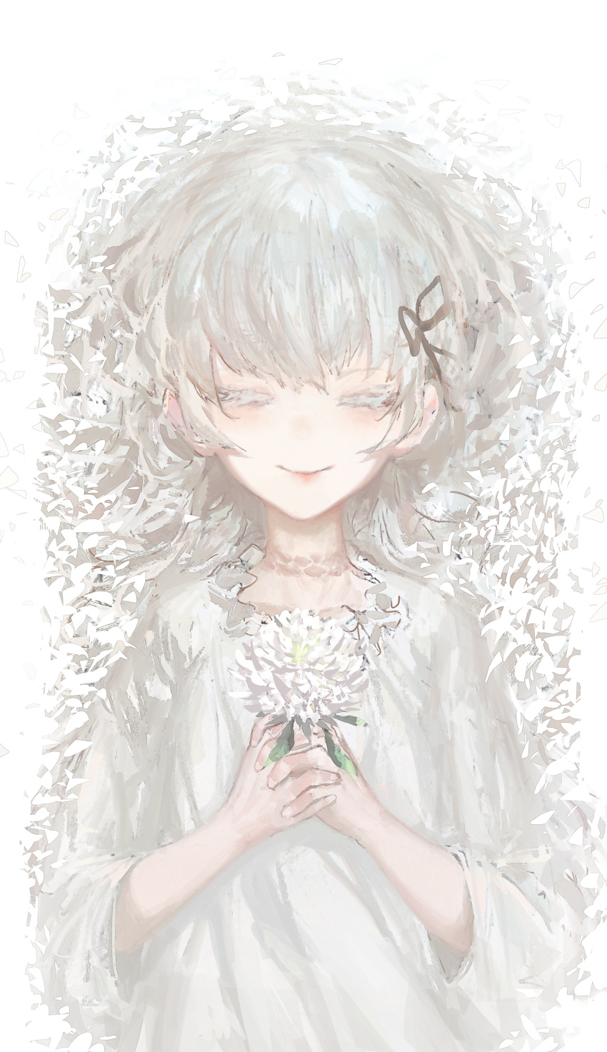 1girl, absurdres, closed_eyes, eyelashes, flower, hair_ribbon, hands_together, highres