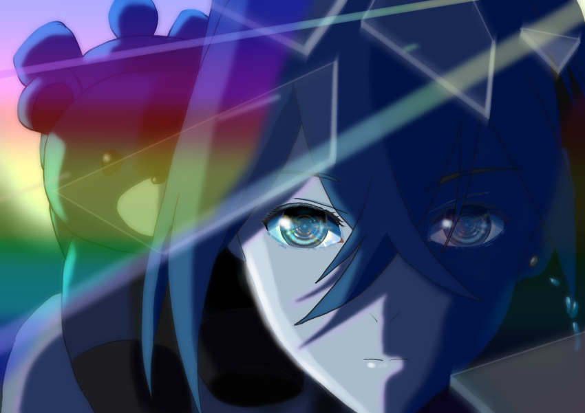1girl, bear, blue_eyes, blue_hair, broken_glass, glass, glass_shards, highres, kin_ryouma, matsumoto_(vivy), stuffed_toy, vivy, vivy:_fluorite_eye's_song
