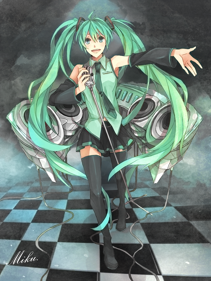 aqua_eyes, aqua_hair, bad_id, boots, checkered, checkered_floor, detached_sleeves, hatsune_miku, legs, long_hair, microphone, microphone_stand, mk_(pixiv), motsu_(sararia), necktie, skirt, smile, solo, thigh-highs, thigh_boots, thighhighs, twintails, very_long_hair, vocaloid, zettai_ryouiki