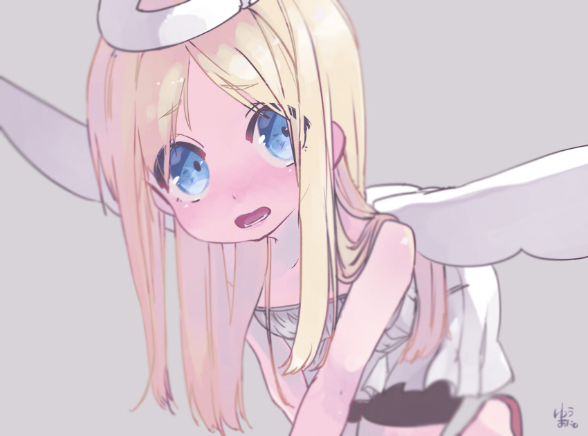 1other, all_fours, angel_wings, bare_shoulders, bike_shorts, black_shorts, blonde_hair, blue_eyes