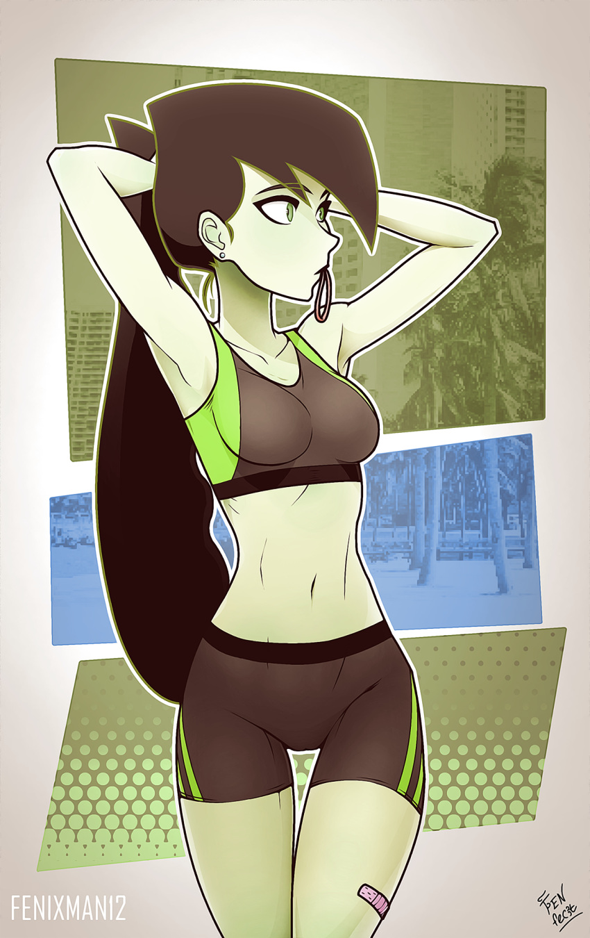 1girl, adjusting_hair, armpits, arms_up, artist_name, bandaid, black_hair, colored_skin