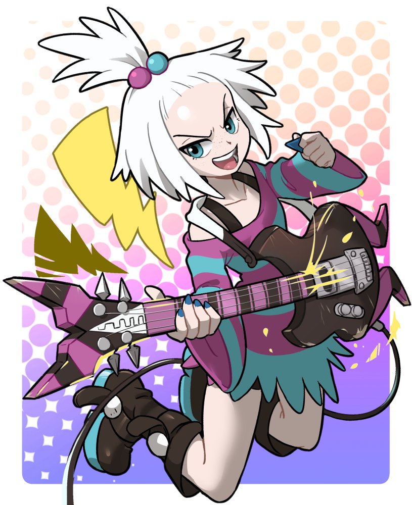 1girl, bass_guitar, bike_shorts, blue_eyes, boots, bra_strap, centinel303, dress