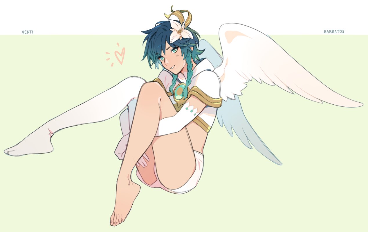 1boy, alternate_costume, androgynous, bangs, barefoot, blue_hair, braid, capelet, character_name, crop_top, elbow_gloves, english_commentary, english_text, eyebrows_visible_through_hair, feathered_wings, feet, flower, genshin_impact, gloves, gradient_hair, green_eyes, hair_flower, hair_ornament, heart, hood, hood_down, hooded_capelet, leg_hug, looking_at_viewer, male_focus, midriff, multicolored_hair, open_mouth, short_hair_with_long_locks, shorts, simple_background, single_thighhigh, sleeveless, smile, solo, thigh-highs, toes, twin_braids, venti_(genshin_impact), white_background, white_flower, white_shorts, wings, y4_impact