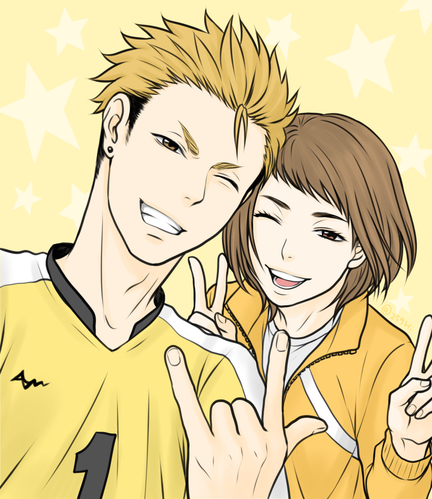 1boy, 1girl, \m/, blonde_hair, brown_hair, facing_viewer, grin, haikyuu!!, hand_up, hi-259, highres, jacket, looking_at_viewer, misaki_hana, multicolored_hair, one_eye_closed, shirt, short_hair, smile, sportswear, star_(symbol), terushima_yuuji, track_jacket, two-tone_hair, v, volleyball_uniform
