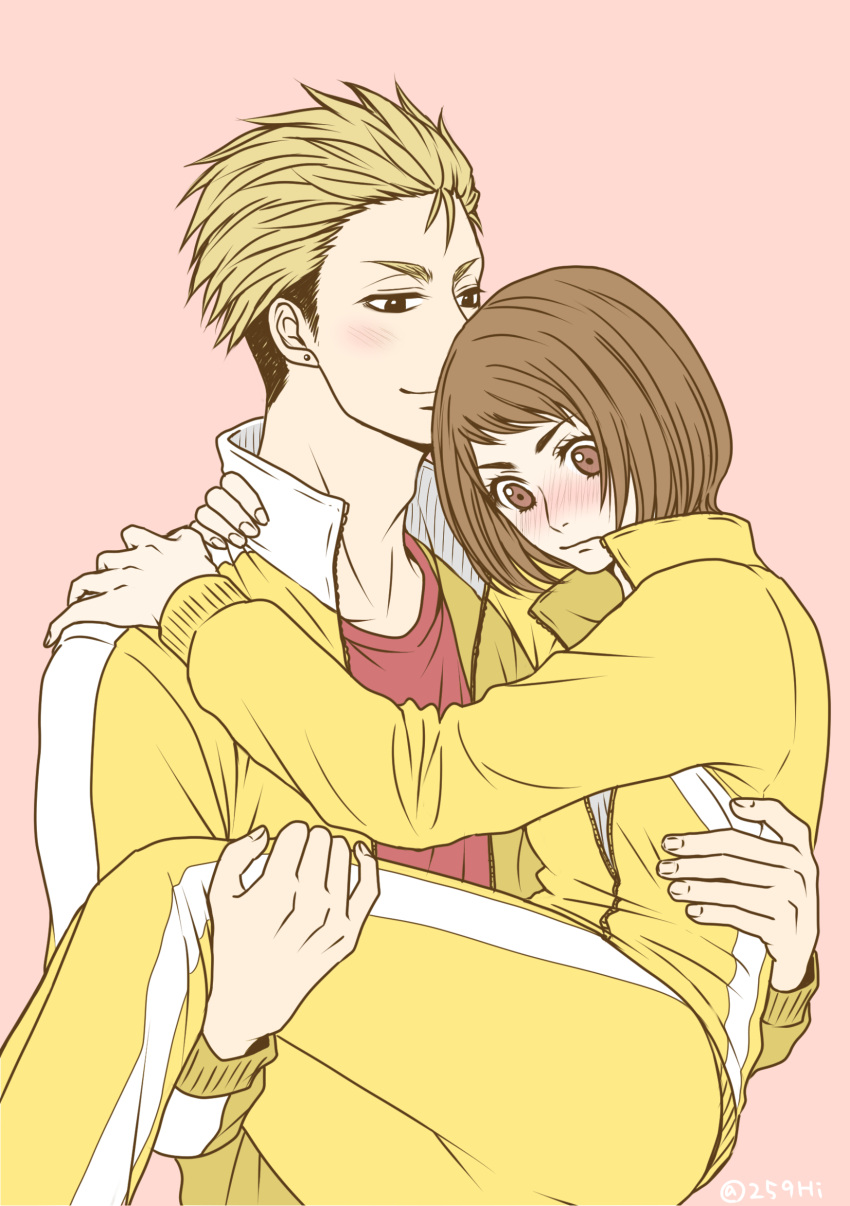 1boy, 1girl, absurdres, blonde_hair, blush, brown_hair, carrying, collared_jacket