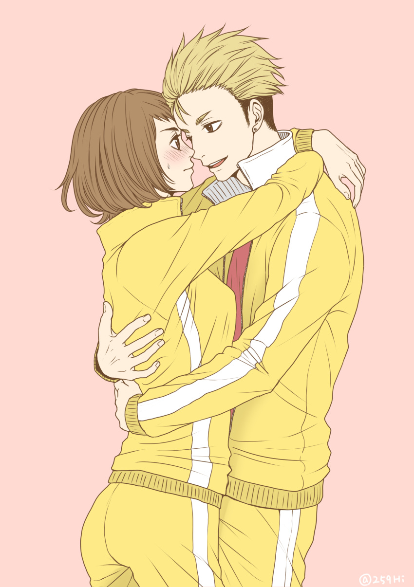 1boy, 1girl, absurdres, blonde_hair, blush, breasts, brown_hair, collared_jacket