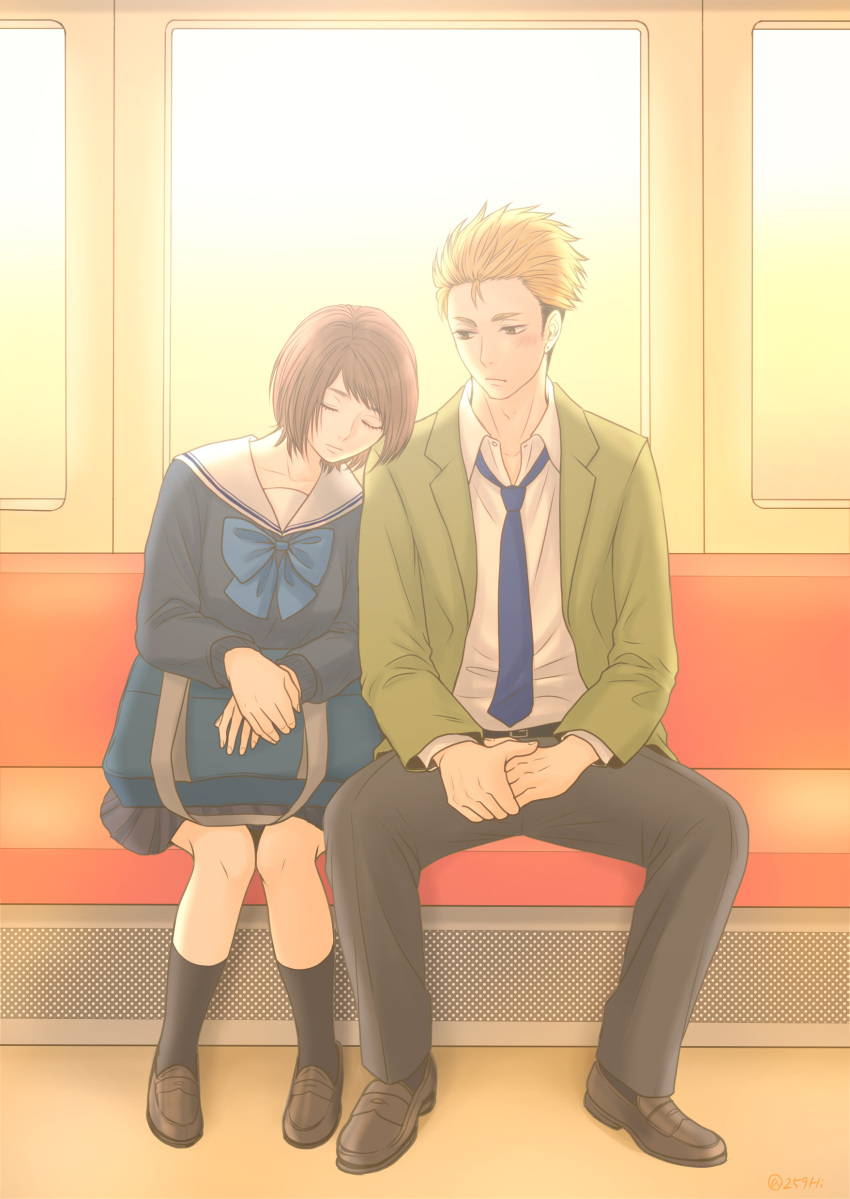 1boy, 1girl, absurdres, bag, belt, blonde_hair, blush, bow