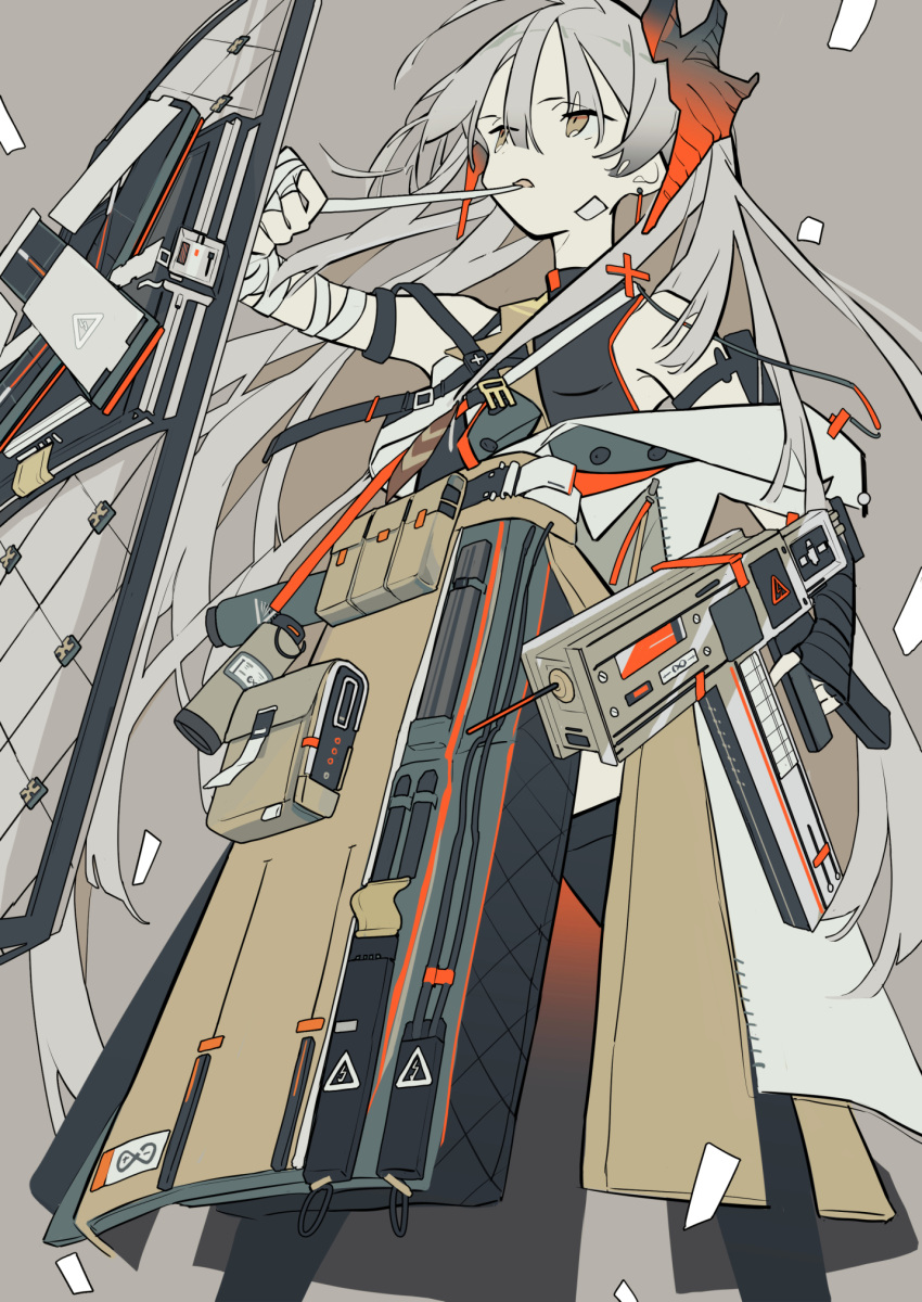 1girl, arknights, bandages, bare_shoulders, black_legwear, brown_eyes, dragon_girl, dragon_horns