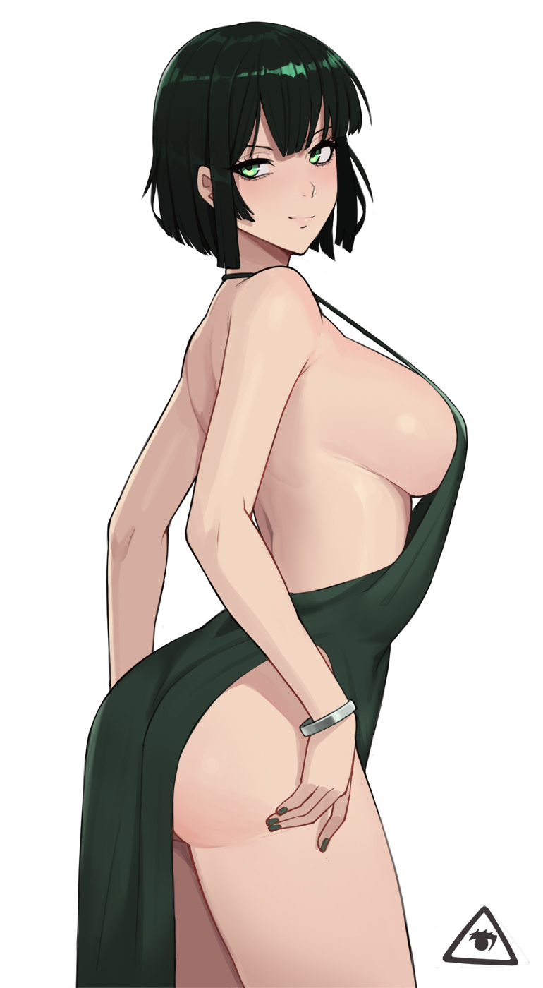 1girl, ass, back, bangs, bare_shoulders, blunt_bangs, bracelet, breasts