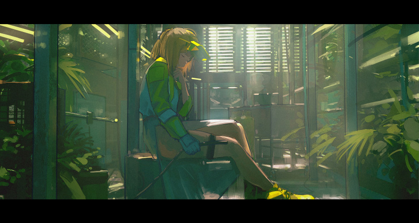 1girl, alcxome, bare_legs, blonde_hair, blurry, closed_eyes, crate, depth_of_field