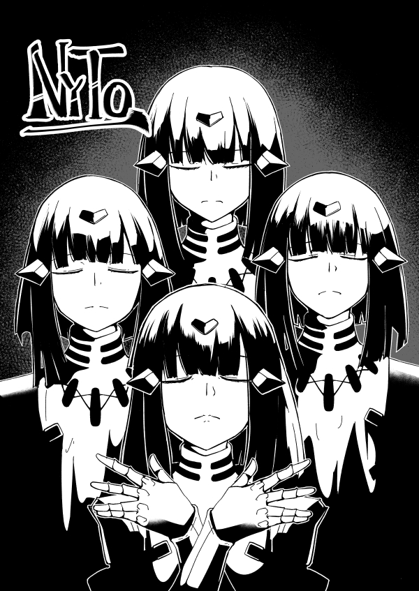 4girls, album_cover, black_hair, bohemian_rhapsody, character_name, closed_eyes, cover, crossover, girls_frontline, hair_ornament, monochrome, multiple_girls, nyto_(girls_frontline), paradeus, parody, shin_ichi_(zenshuu_bougyo), short_hair