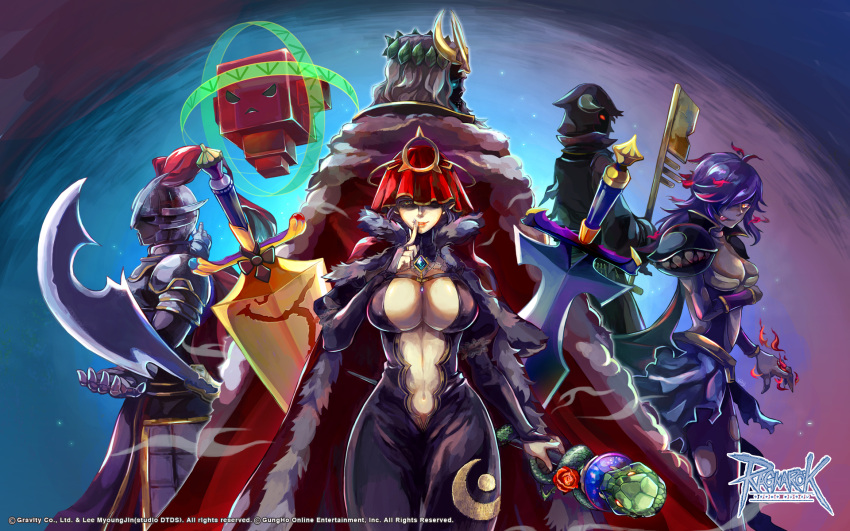 2boys, 2girls, 2others, :p, angry_student_pyuriel, arm_under_breasts, armor, aura