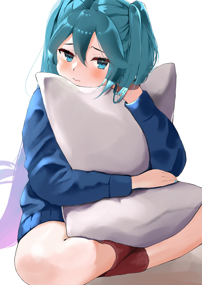 1girl, absurdres, aqua_eyes, aqua_hair, aqua_nails, blue_sweater, commentary, crossed_legs, furrowed_eyebrows, hatsune_miku, highres, long_hair, looking_at_viewer, making-of_available, pillow, pillow_hug, pout, sidelighting, sitting, socks, solo, sweater, tsunagi_1111, twintails, very_long_hair, vocaloid, white_background
