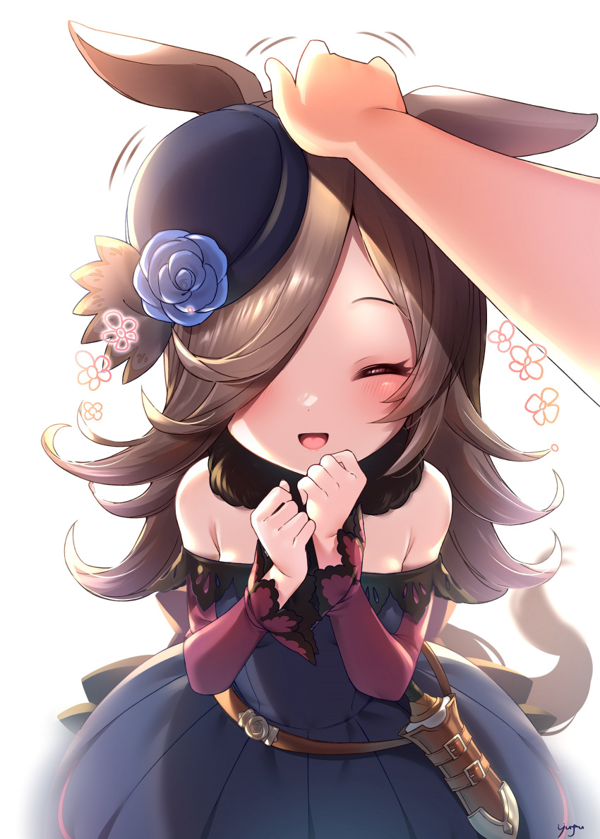 1girl, :d, ^_^, absurdres, animal_ears, bangs, bare_shoulders, black_dress, black_headwear, blue_flower, blue_rose, blush, breasts, brown_hair, closed_eyes, dagger, dress, eyebrows_visible_through_hair, flower, flying_sweatdrops, hair_over_one_eye, hands_up, hat, hat_flower, highres, horse_ears, horse_girl, horse_tail, long_sleeves, nose_blush, off-shoulder_dress, off_shoulder, open_mouth, out_of_frame, petting, rice_shower_(umamusume), rose, signature, simple_background, sleeves_past_wrists, small_breasts, smile, solo_focus, tail, tilted_headwear, umamusume, weapon, white_background, yufukiri