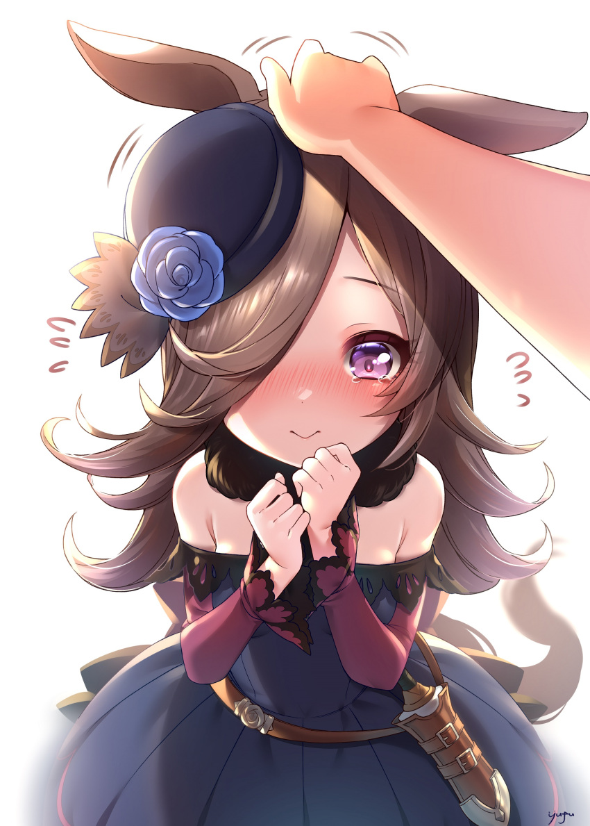 1girl, absurdres, animal_ears, bangs, bare_shoulders, black_dress, black_headwear, blue_flower