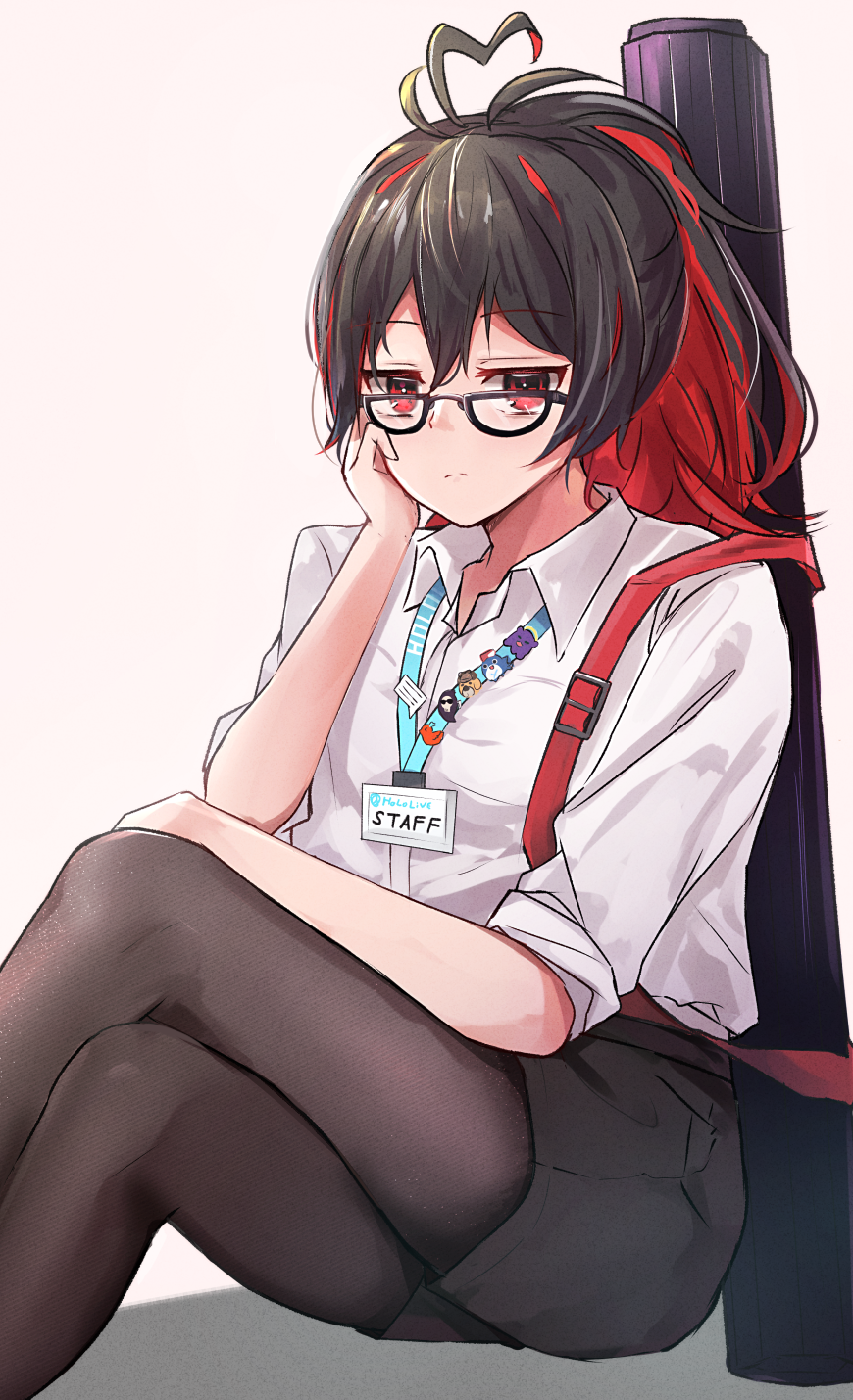 1girl, ahoge, black_hair, black_legwear, bloop_(gawr_gura), bubba_(watson_amelia), collared_shirt, death-sensei_(mori_calliope)