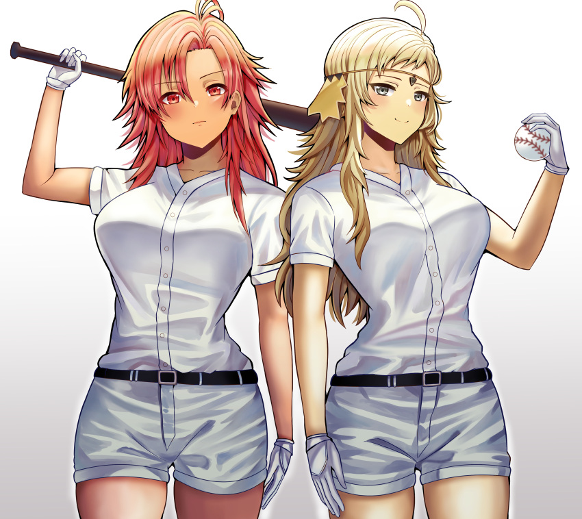 2girls, absurdres, ahoge, bangs, baseball, baseball_bat, baseball_uniform, belt
