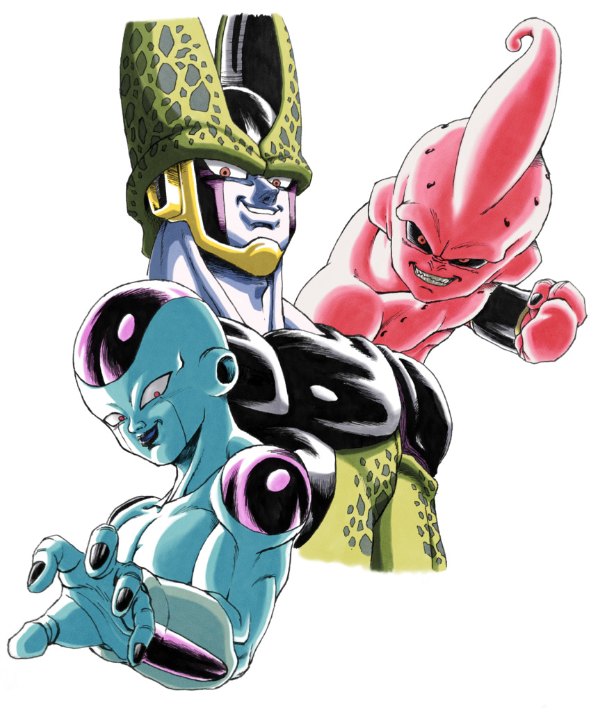 3boys, absurdres, black_lips, black_nails, black_sclera, cell_(dragon_ball), clenched_hand, clenched_teeth
