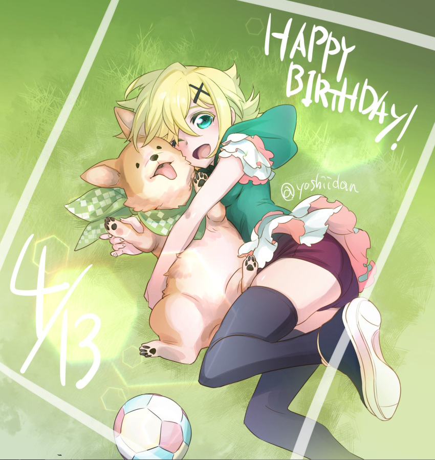1girl, akatsuki_kirika, black_legwear, blonde_hair, blush, breasts, dog, frills