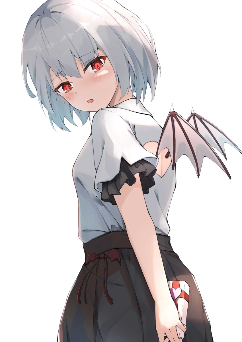 1girl, absurdres, alternate_costume, bangs, bat_wings, blush, box, breasts