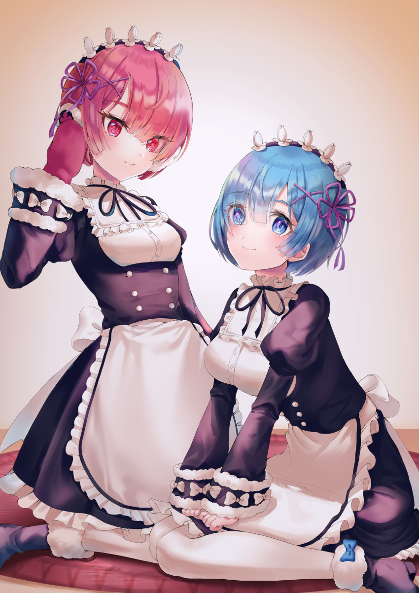 2girls, absurdres, apron, bangs, black_dress, black_footwear, black_ribbon, blue_eyes