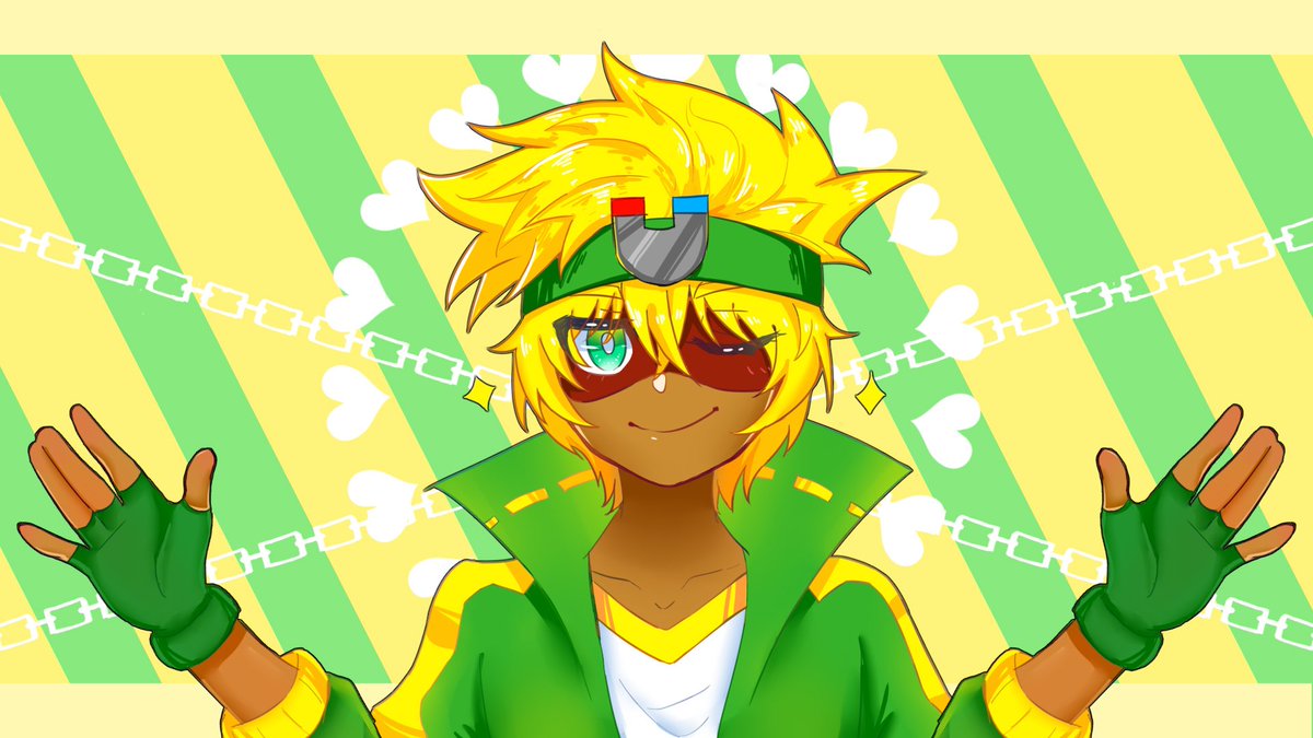 1boy, blonde_hair, chain, gloves, green_gloves, green_headwear, green_outfit, happy_heroes