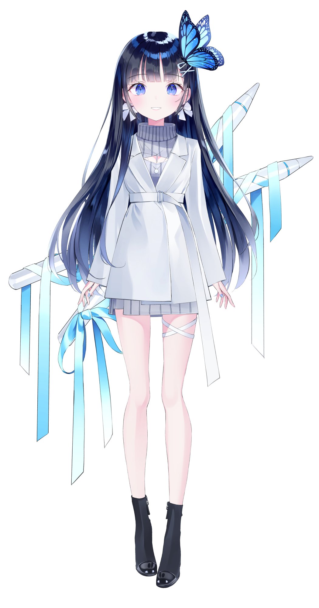 1girl, aosai_nabi, bangs, black_footwear, black_hair, blue_eyes, bow, bow_earrings, butterfly_hair_ornament, cleavage_cutout, clothing_cutout, earrings, eyebrows_visible_through_hair, full_body, grey_skirt, grey_sweater, hair_ornament, highres, indie_virtual_youtuber, jewelry, long_hair, looking_at_viewer, nabi_(uz02), open_hands, oversized_object, silver_jacket, skirt, smile, solo, stylus, sweater, thigh_strap, virtual_youtuber, white_background