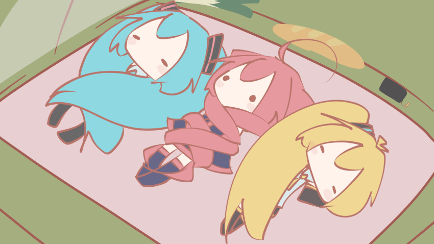 ._., 3girls, absurdres, ahoge, akita_neru, aqua_hair, aqua_neckwear, baguette