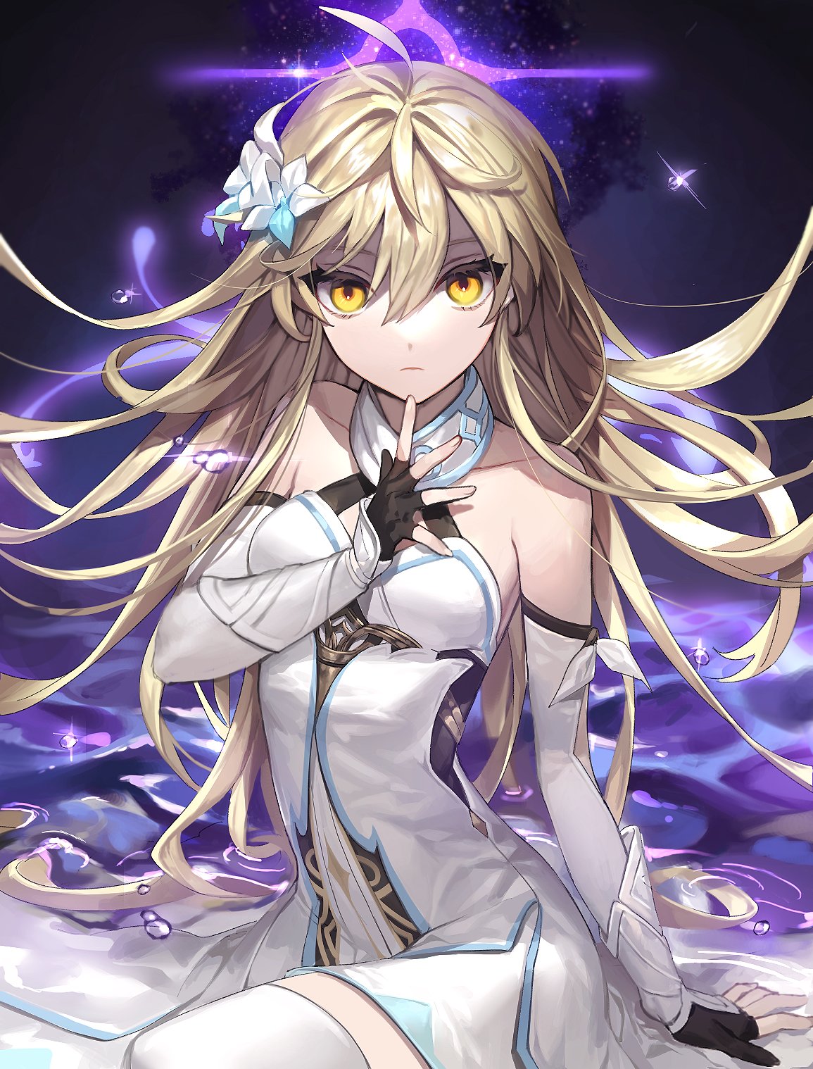 1girl, alternate_hair_length, alternate_hairstyle, bangs, bare_shoulders, black_gloves, blonde_hair, breasts