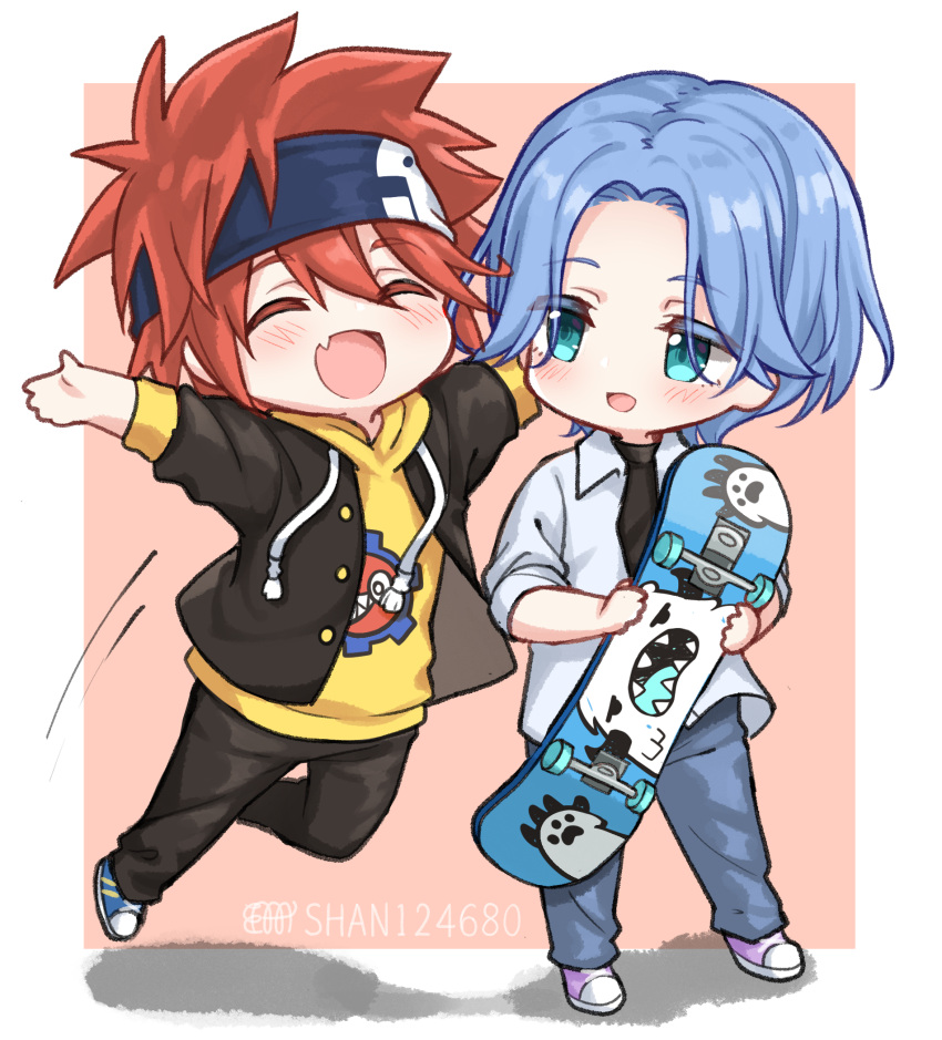 2boys, ^_^, artist_name, big_cat_shan, blue_eyes, blue_hair, blush, chibi