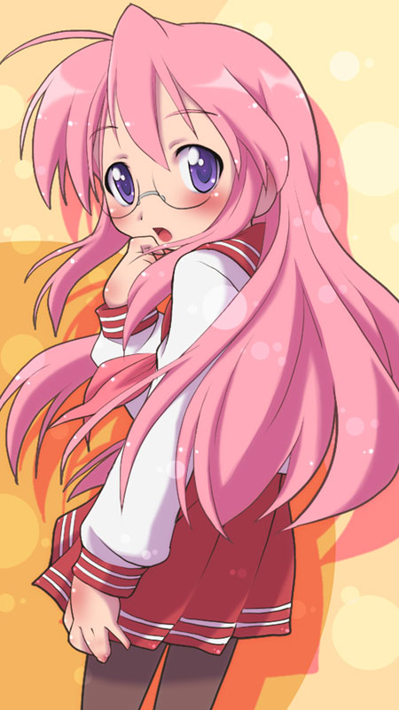 gray_pantyhose, long_hair, looking_back, lucky_star, pantyhose, pink_hair, purple_eyes, school_uniform