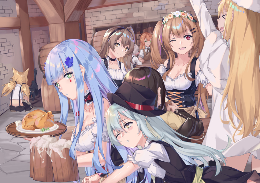 404_(girls_frontline), 6+girls, alcohol, animal_ears, barmaid, barrel, bartender, beer