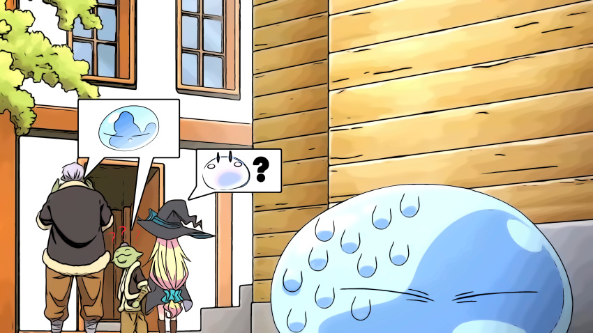 1girl, 1other, 2boys, ?, absurdres, aizawa_azusa, blonde_hair, bow, crossover, from_behind, goblin, gobuta_(tensei_shitara_slime_datta_ken), hat, highres, house, long_hair, looking_back, multiple_boys, rigurudo_(tensei_shitara_slime_datta_ken), rimuru_tempest, simonkey, slime_(substance), slime_taoshite_300_nen_shiranai_uchi_ni_level_max_ni_nattemashita, sweatdrop, tensei_shitara_slime_datta_ken, window, witch, witch_hat