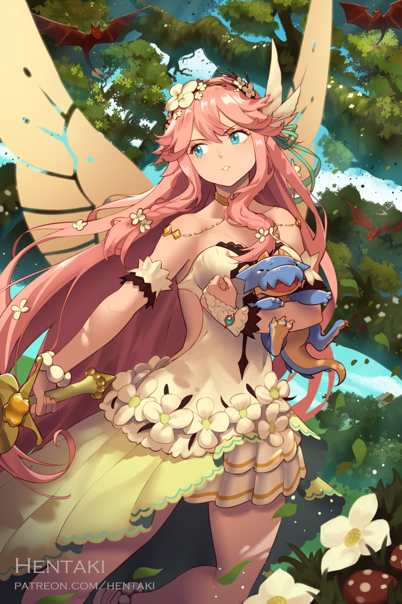 1girl, artist_name, bangs, bare_shoulders, blue_eyes, breasts, brown_wings, commentary