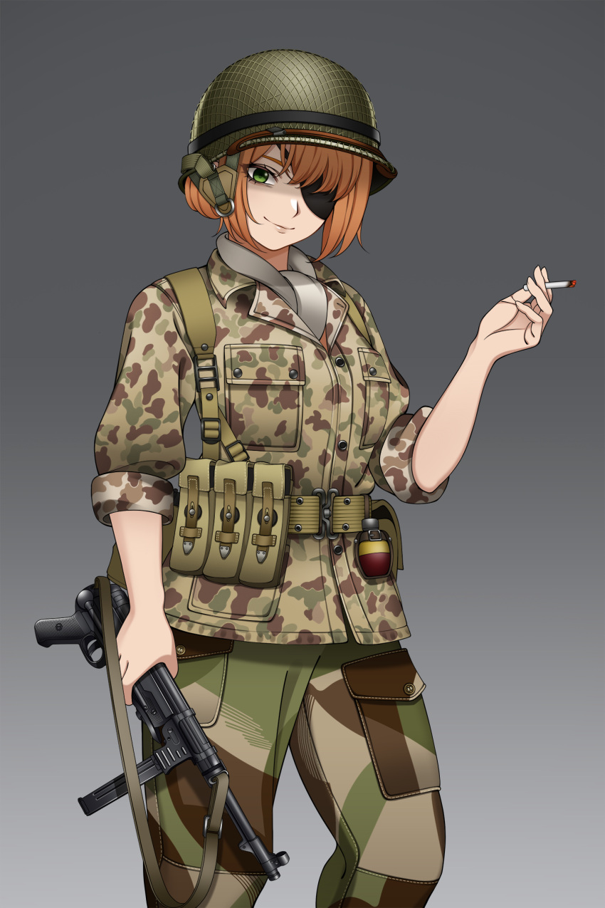 1girl, assault_rifle, bangs, belt, camouflage, cigarette, explosive, gradient, gradient_background, green_eyes, grenade, grey_background, gun, hat, highres, holding, holding_gun, holding_weapon, holster, jacket, keiita, military, military_hat, military_uniform, mp40, orange_hair, original, pants, rifle, short_hair, smile, solo, standing, submachine_gun, uniform, weapon