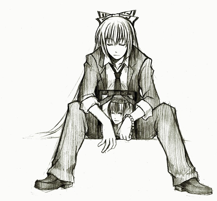 bracelet, closed_eyes, formal, fujiwara_no_mokou, funeral_photo, hair_ribbon, iei, jewelry, kamishirasawa_keine, long_hair, monochrome, necktie, pant_suit, pants, photo_(object), ribbon, sitting, sketch, sleeves_rolled_up, suit, take_(pixiv), take_(takemikazuchi), touhou