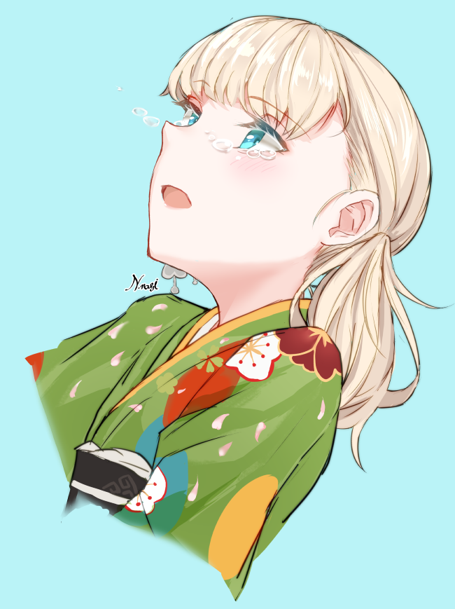 1girl, aqua_background, bangs, blonde_hair, blue_eyes, blunt_bangs, commentary, cropped_torso